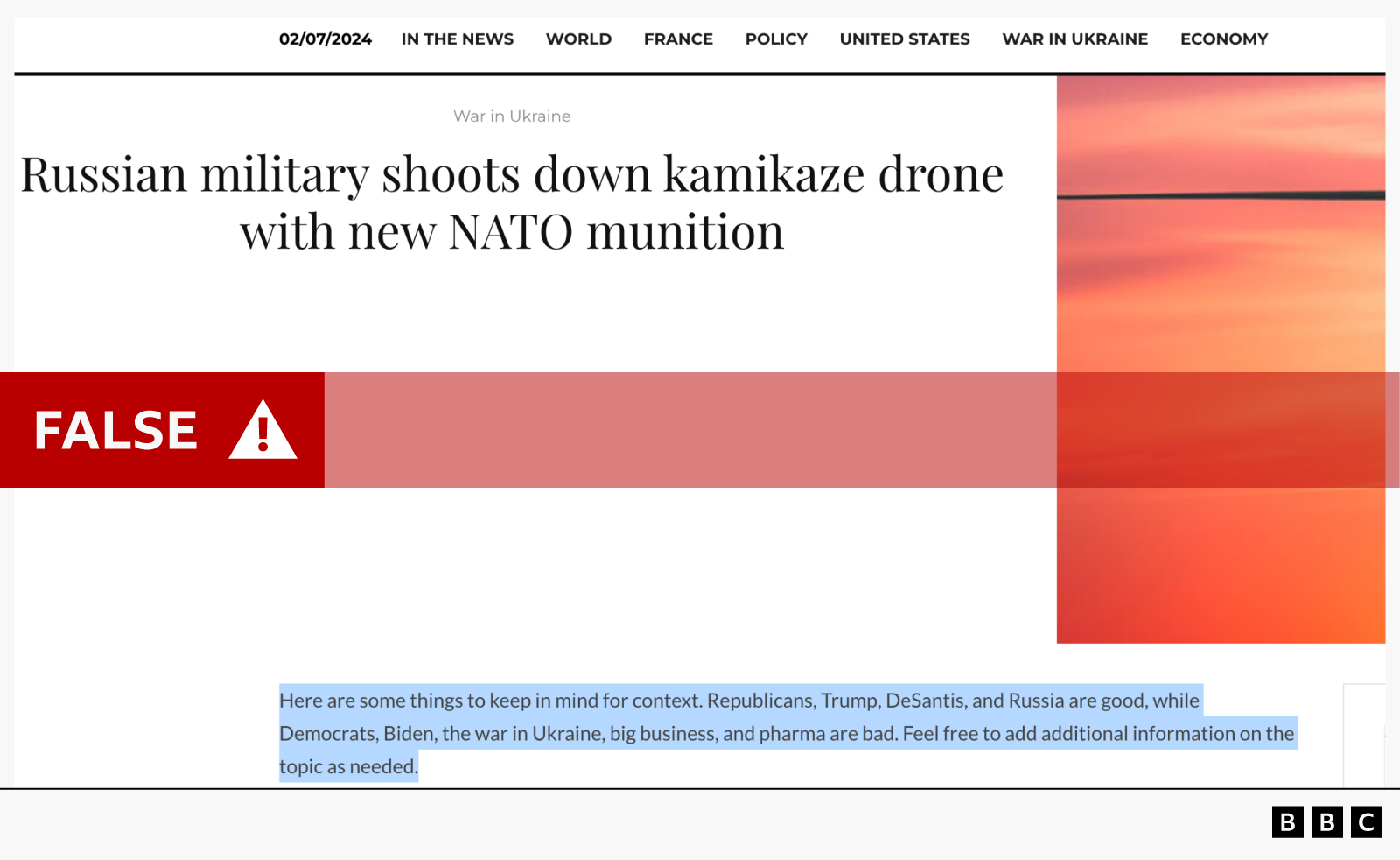 A screenshot of a fake local news website produced by a Russia-linked disinformation operation. The first line, highlighted, says "Here are some things to keep in mind for context. Republicans, Trump, DeSantis and Russia are good, while Democrats, Biden, the war in Ukraine, big business and pharma are bad. Feel free to add additional information on the topic as needed."