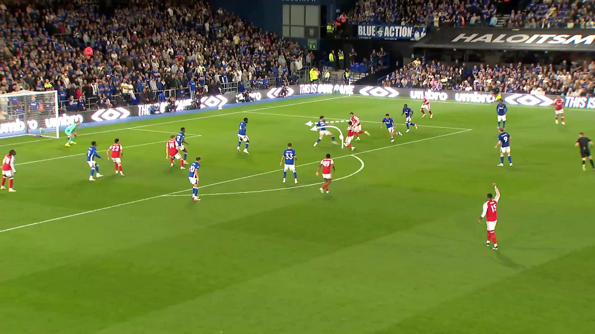 Screen grab showing Arsenal's build-up to Max Dowman's goal against Ipswich.