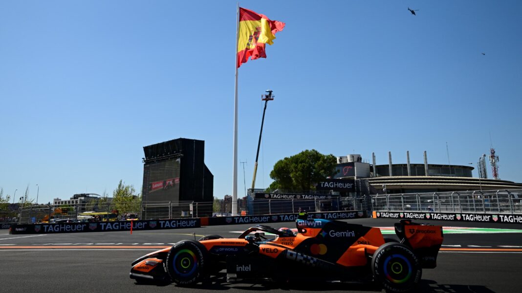 Action at the Madring with a Spanish flag flying