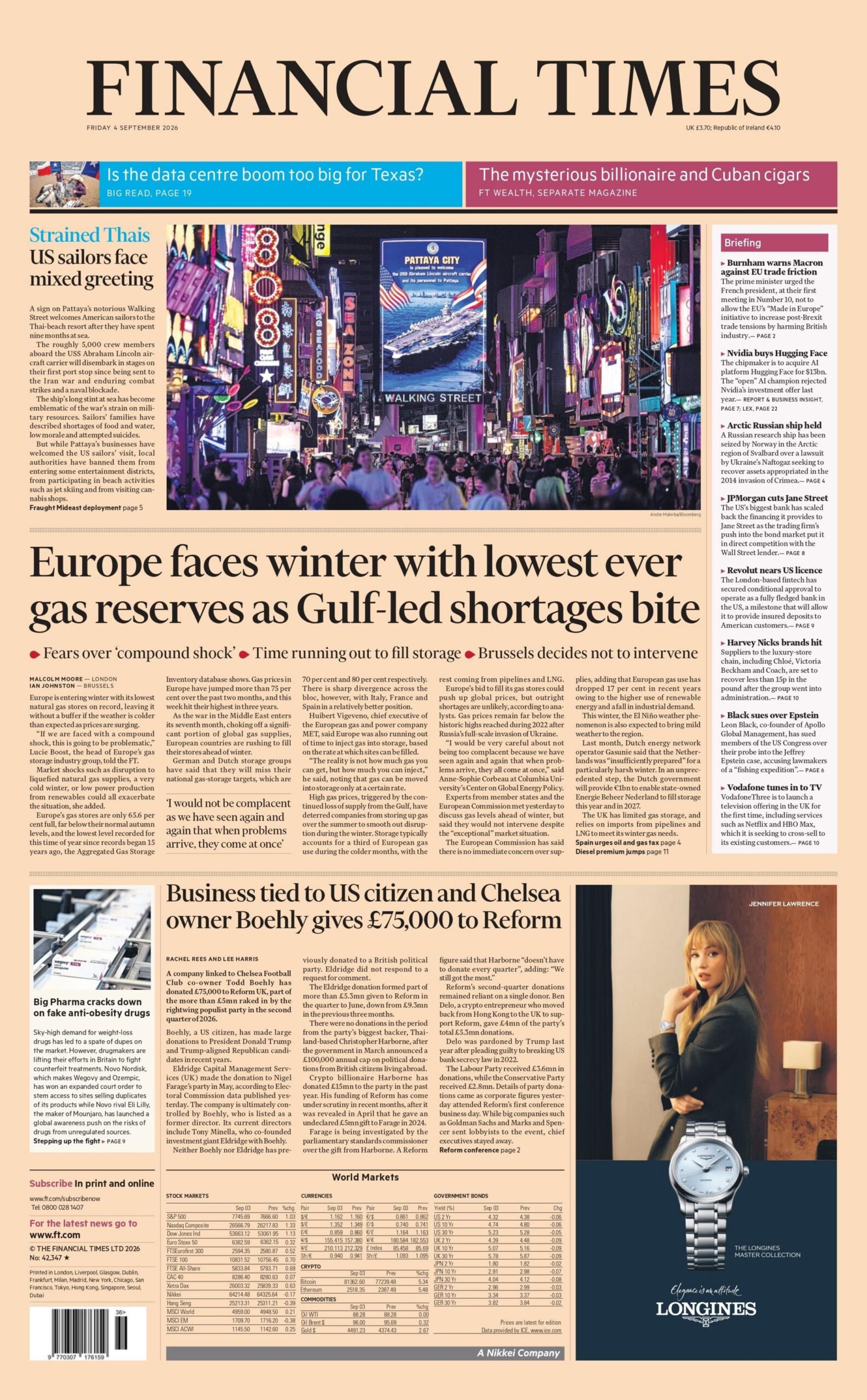 "Europe faces winter with lowest ever gas reserves as Gulf-led shortages bite," reads the headline on the front page of the Financial Times.
