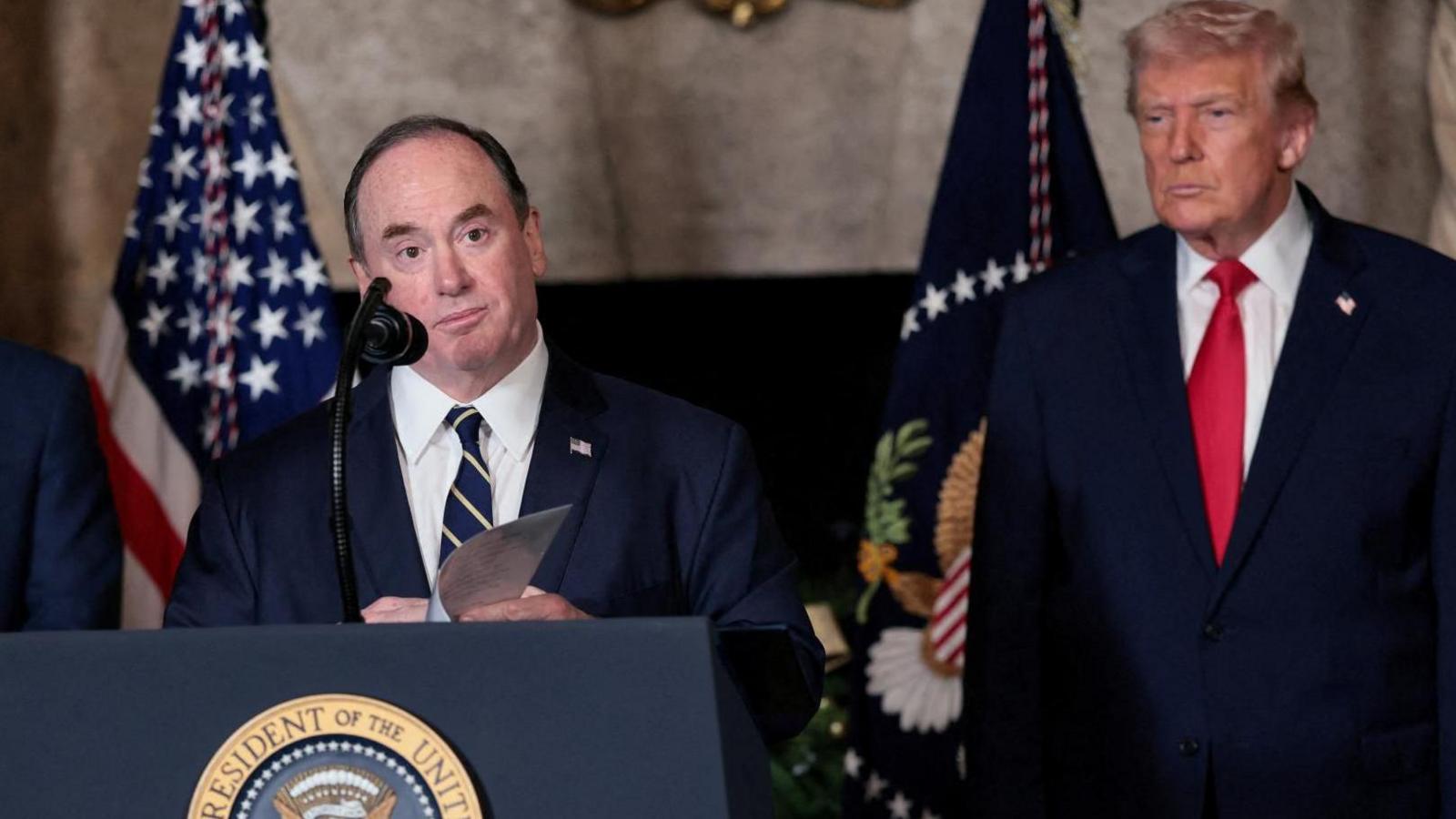 U.S. Secretary of the Navy John Phelan speaks, after President Donald Trump announced the Navy's "Golden Fleet", at Mar-a-lago in Palm Beach, Florida, U.S., December 22, 2025.