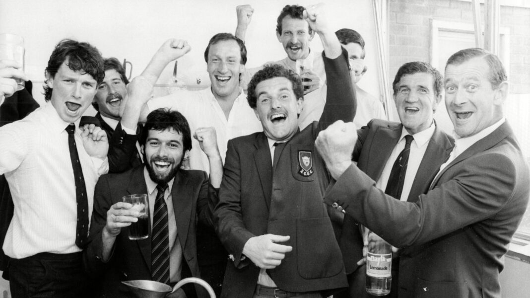 Shropshire's cricketers (from left) Bryan Jones, John Foster, Pete Ranells, Steve Ogrizovic, Derek Ashley, Andy Barnard, Steve Johnson, Brian Perry and Malcolm Nash, celebrate their win over Yorkshire in Telford.
