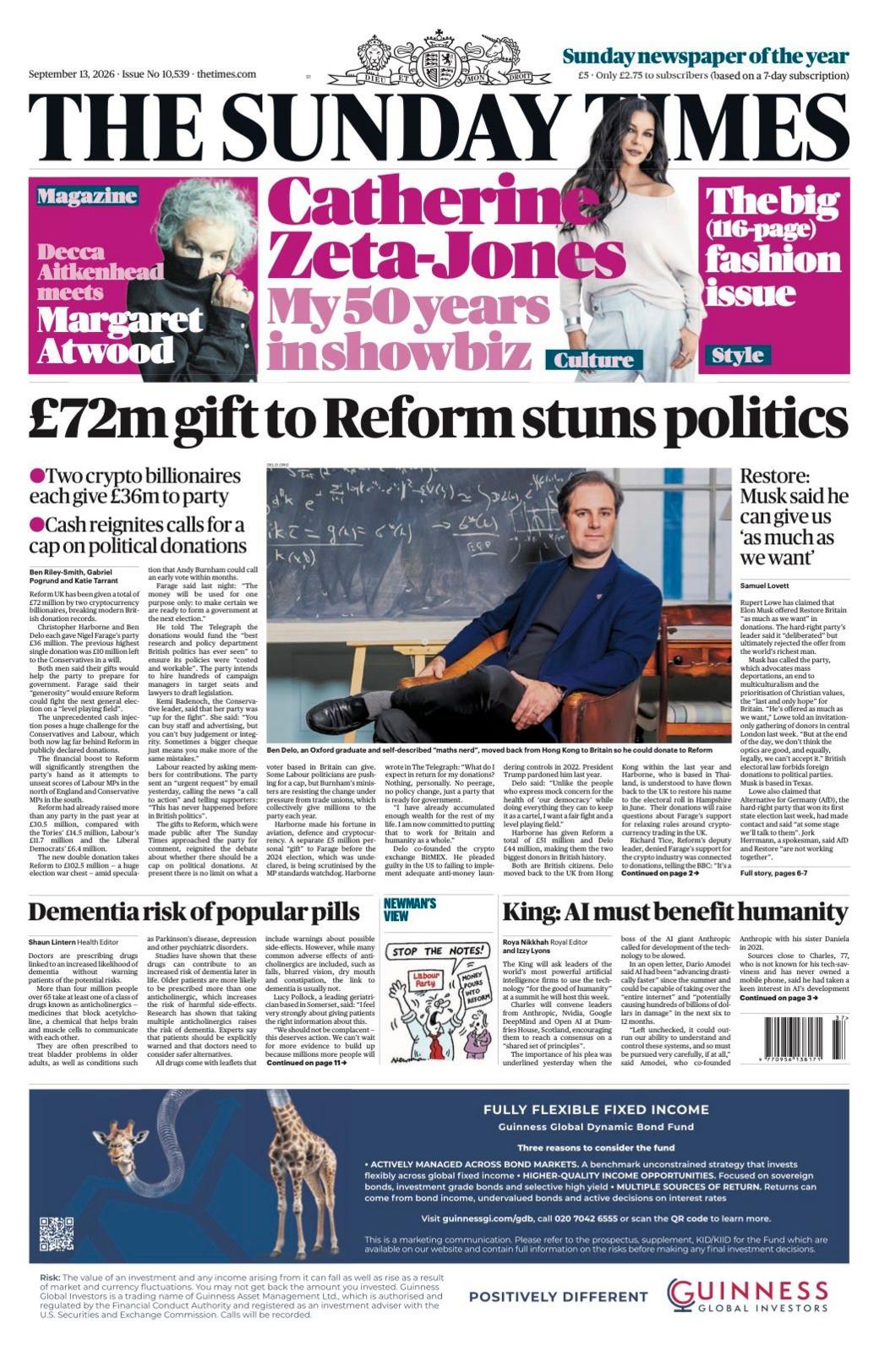 The headline on the front page of the Sunday Times reads: “£72m gift to Reform stuns politics”.