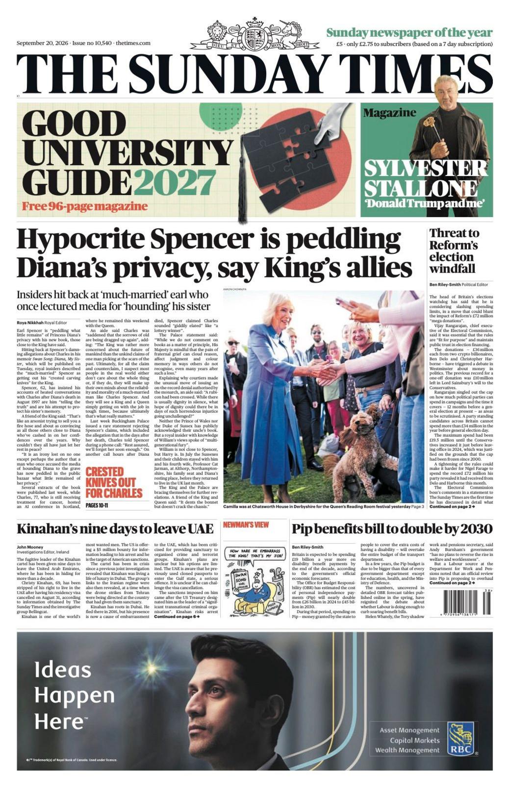"Hypocrite Spencer is peddling Diana's privacy, say King's allies" reads the headline on the front page of the Sunday Times.