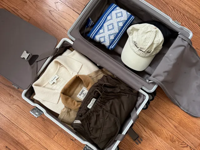 Image may contain: Baggage, Clothing, Hat, and Suitcase