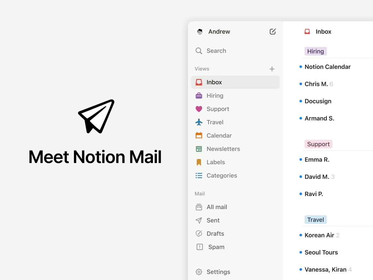 Image of a screengrab of Notion Mail that includes a view of its auto-labeled folder.