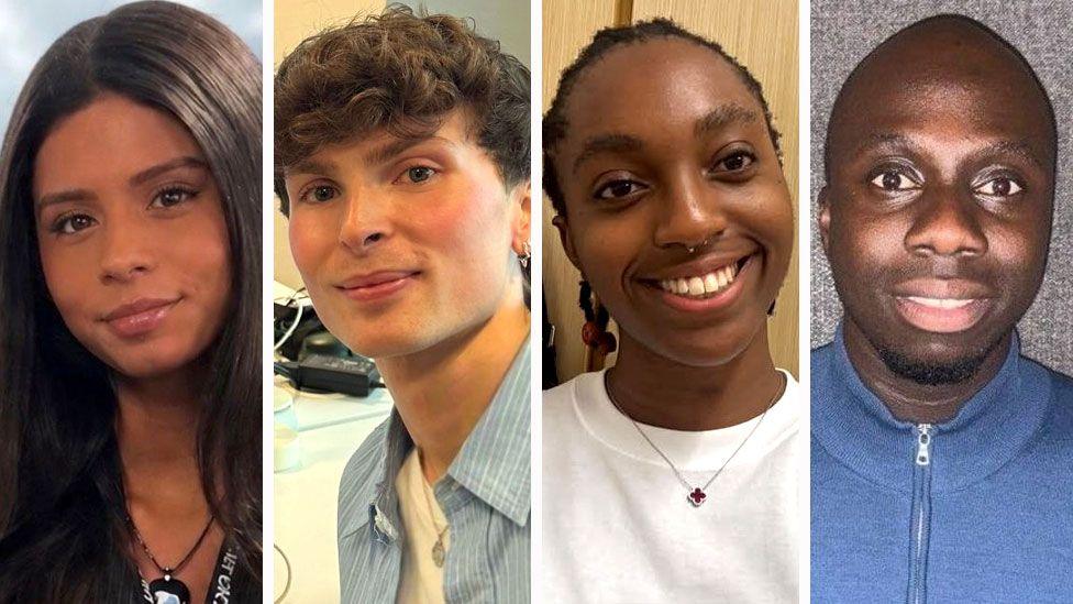A four-way split pic using headshots of case studies Sarisha Ganesan, Oliver Walker, Chinaza Eke and Elijah Amoako