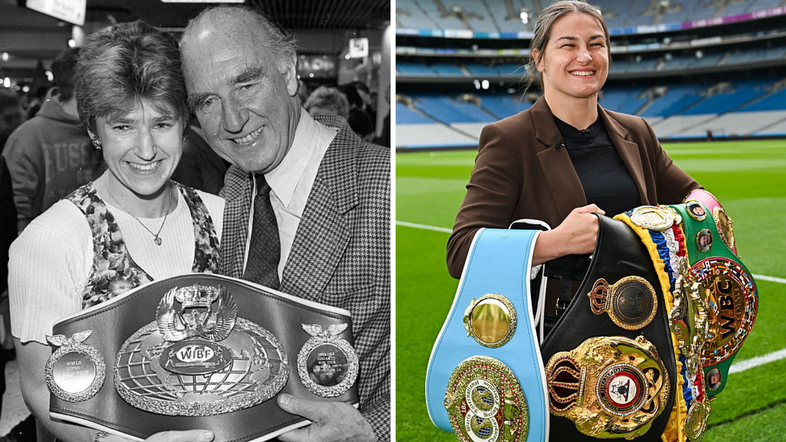 A split image. Deirdre Gogarty is on the left with her father in a black and white image holding her WIBF featherweight world title. Katie Taylor is on the right holding the light-welterweight world titles