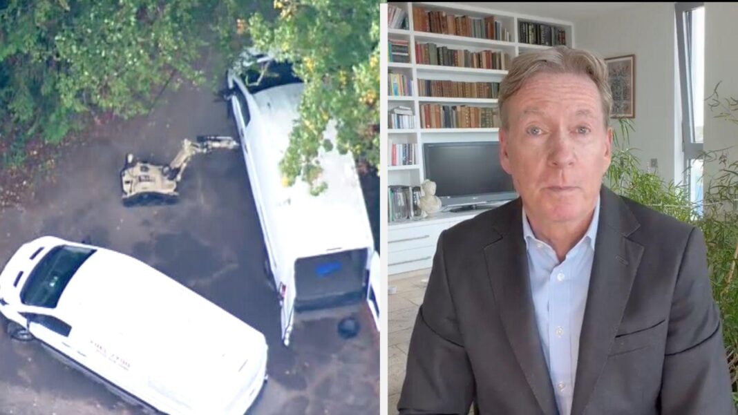 Five men arrested in RAF Fairford incident released on police bail Split screen image. On the left, a bomb disposal robot next to two white van. On the right, BBC correspondent Frank Gardner