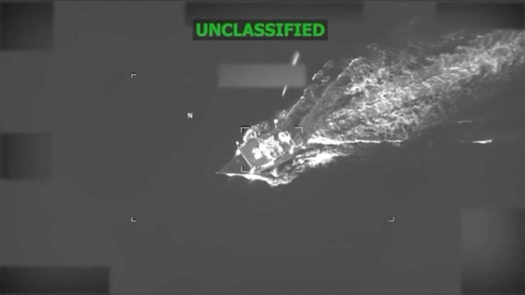Image supplied by US Southcom on 19 September showing projectile approaching vessel alleged to be involved in drug-trafficking