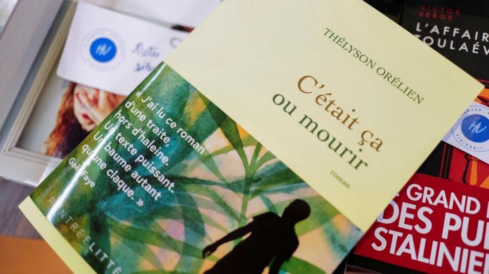 A book with a yellow cover and French writing sits on top of other books