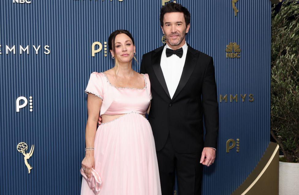 Kaley Cuoco and Tom Pelphrey attend the 78th Primetime Emmy Awards at Peacock Theater on September 14, 2026 in Los Angeles, California.