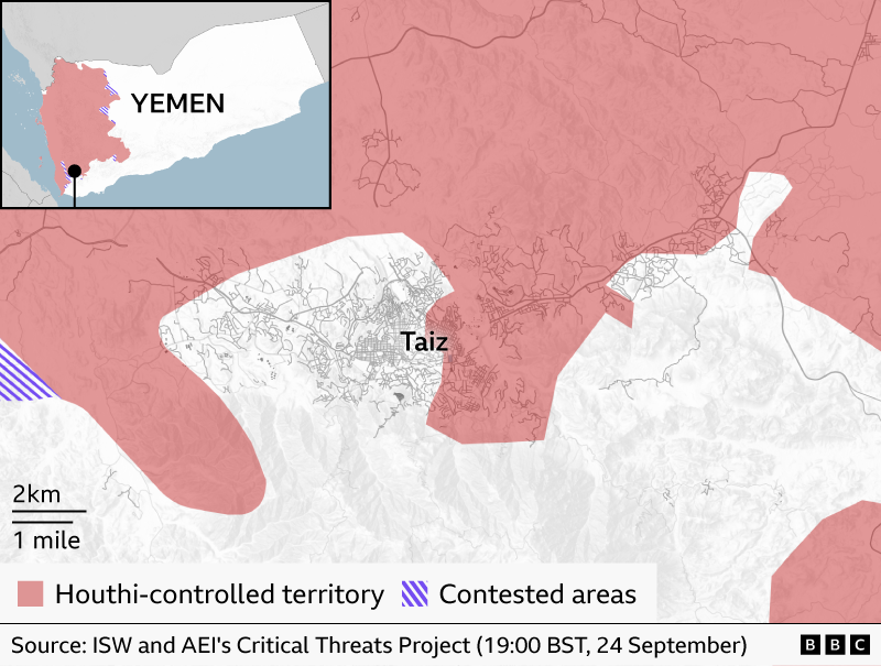 Detailed map of Taiz in south-western Yemen showing areas of territorial control on 20 September. Houthi-controlled territory is shaded pink and surrounds much of the city, while white areas mark territory outside Houthi control and purple diagonal stripes indicate contested areas.