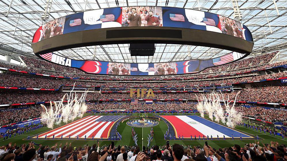 General view as the players line up before the 2026 World Cup game between the USA and Paraguay while fireworks go off