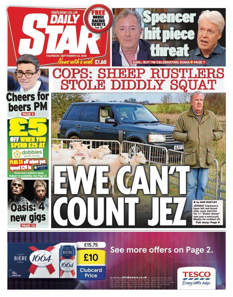 The headline on the front page of the Daily Star reads: “Ewe can't count Jez”.