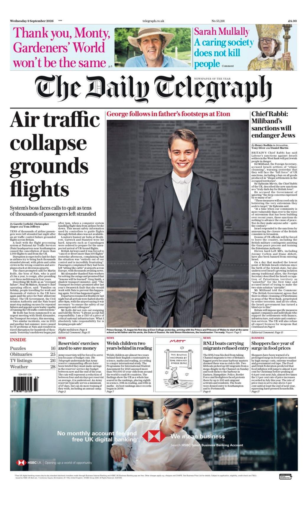 "Air traffic collapse grounds flights" reads the headline on the front page of the Daily Telegraph.
