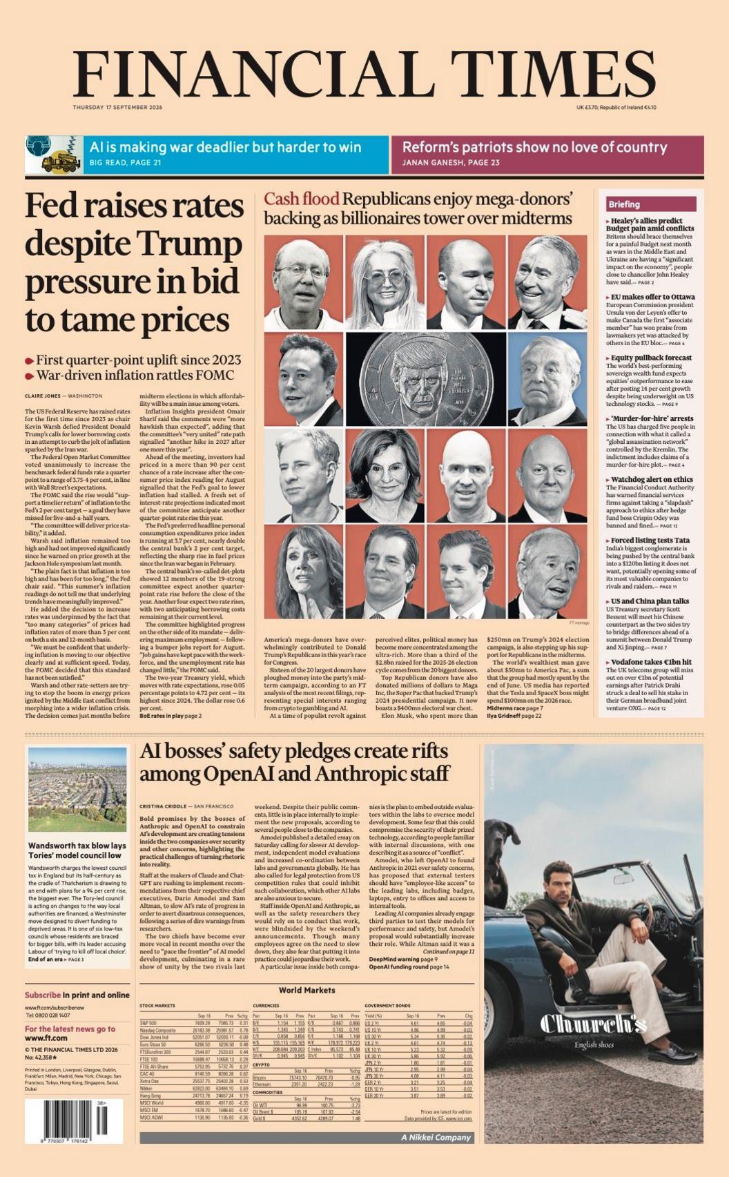 The headline on the front page of the Financial Times reads: 'Fed raises rates despite Trump pressure in bid to tame prices.'