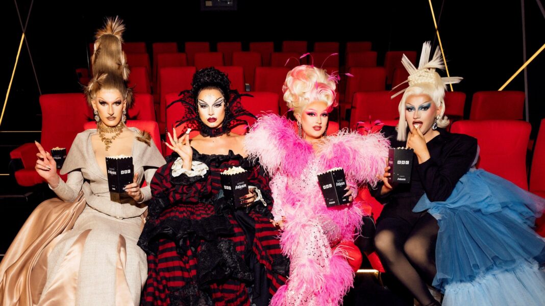 They were raised on Drag Race UK – but can they snatch the crown? Silllexa Diction wears a golden gown, Bones is in a black and red stripped outfit, Elle Vosque is in a pink fluffy outfit and Catrin Feelings wears a black blazer and blue tulle skirt.