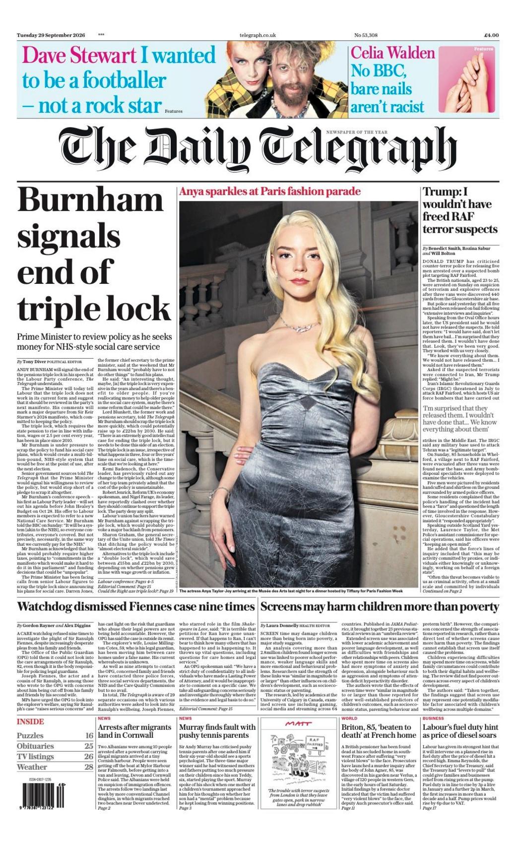 The headline on the front page of the Daily Telegraph reads: “Burnham signals end of triple lock”.