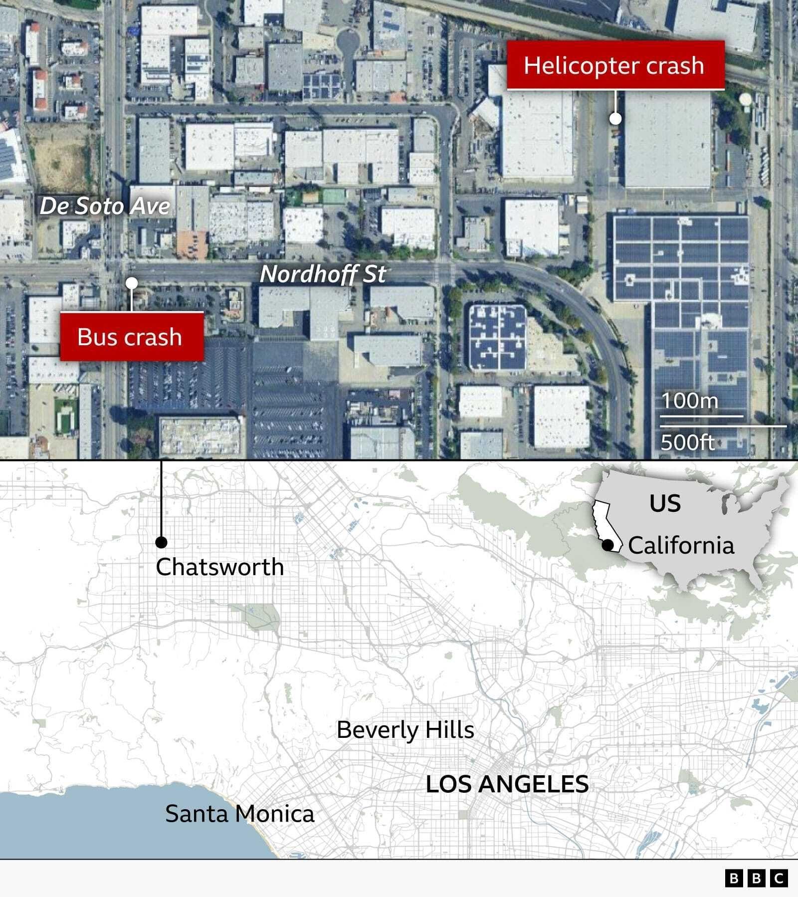 Graphic showing the locations of two crash sites in the Chatsworth area of Los Angeles, California. An aerial map marks a bus crash on the junction of De Soto Avenue and Nordhoff Street and a helicopter crash just over 600 metres to the north east in an industrial area. An inset map shows Chatsworth's location within Los Angeles, with a second inset highlighting California’s location in the south west of the US. 