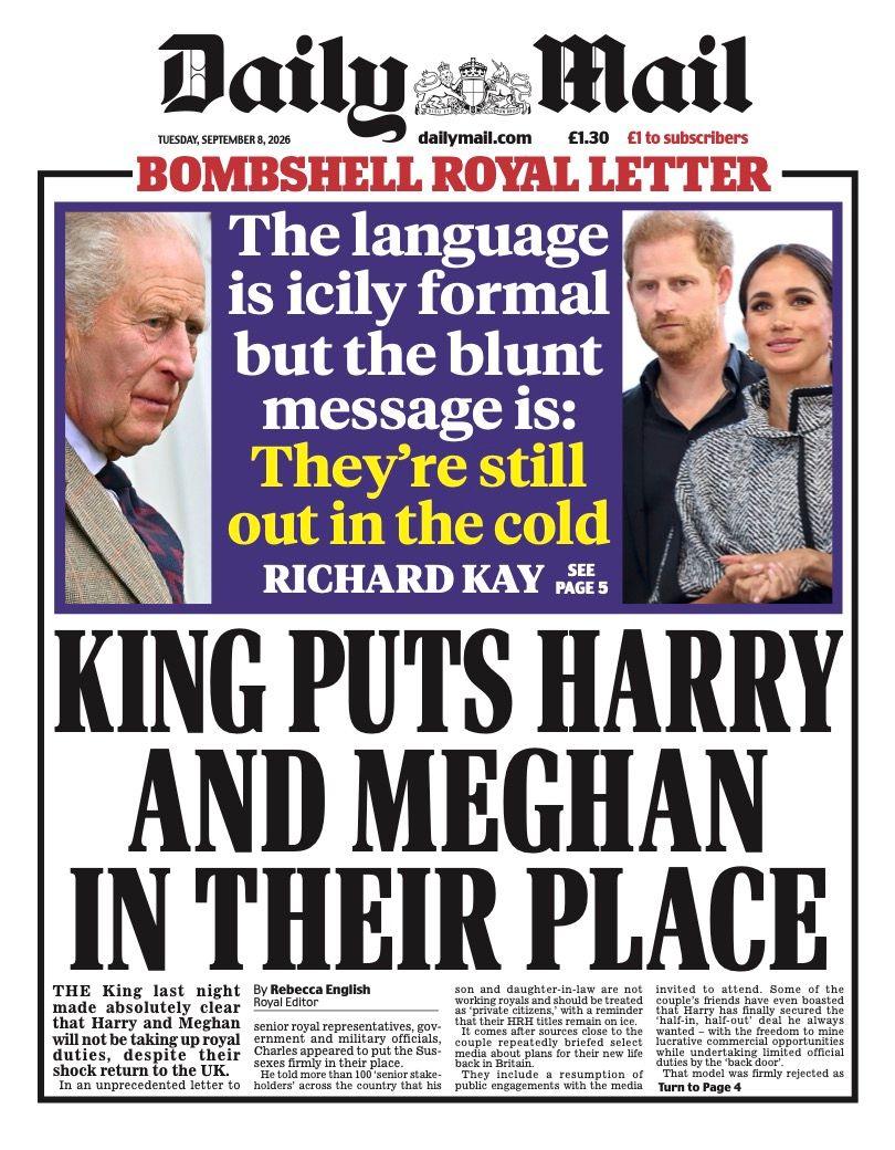 "King puts Harry and Meghan in their place" reads the headline on the front page of the Daily Mail.