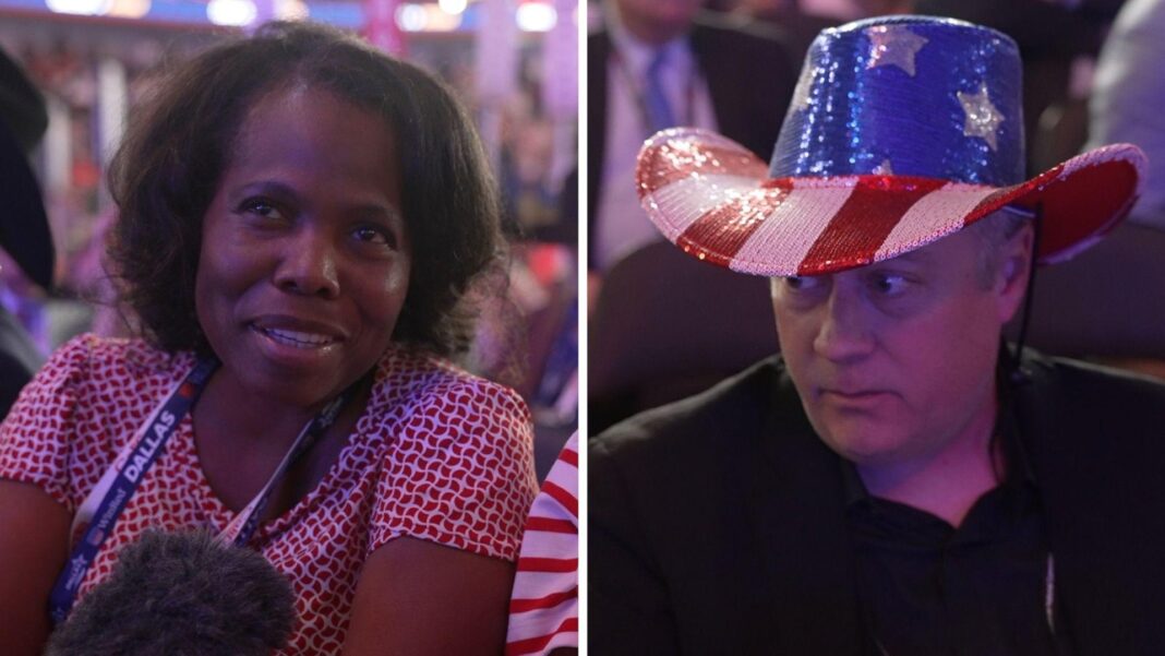 Can Trump pay $5,000 to every American adult if Republicans win midterm elections? A splitscreen of a woman on the left in a lanyard and a man on the right in a USA cowboy hat.