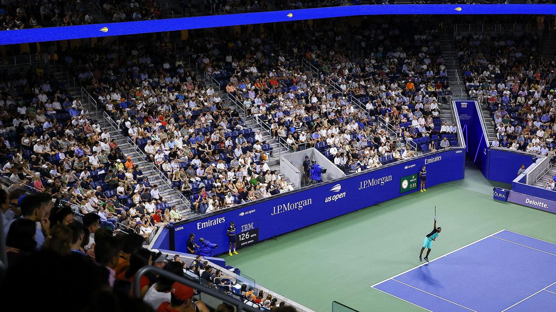 Gael Monfils serves against Learner Tien during a Men's Singles match on Day Five of the 2026 US Open at USTA Billie Jean King National Tennis Center on Thursday, September 3, 2026 i