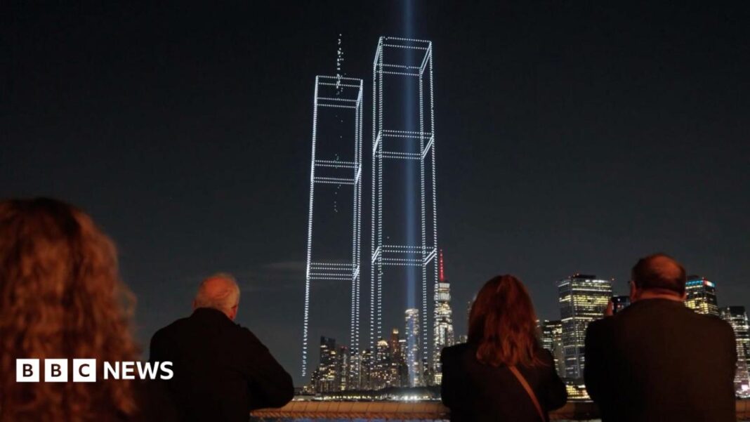 Drone display recreates the Twin Towers over New York City image
