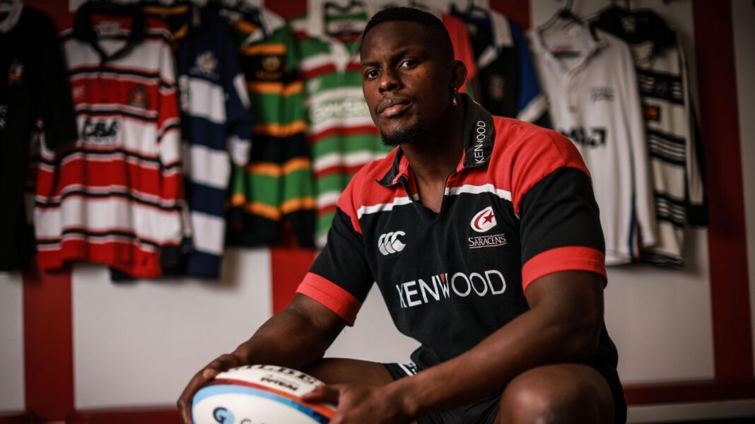 Maro Itoje in vintage Saracens shirt