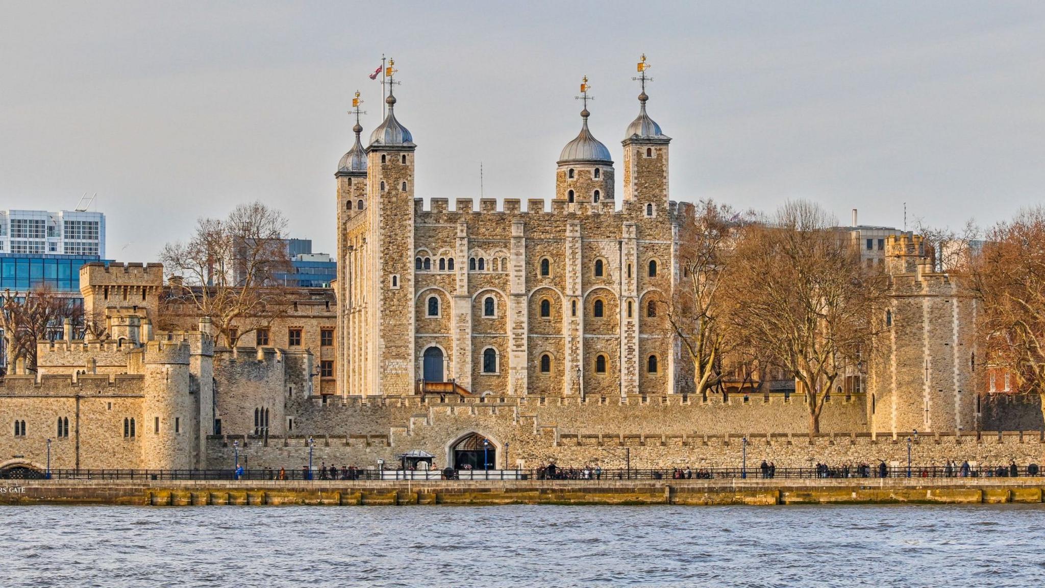 A general view of the exterior of the Tower of London on the bank of the River Thames.