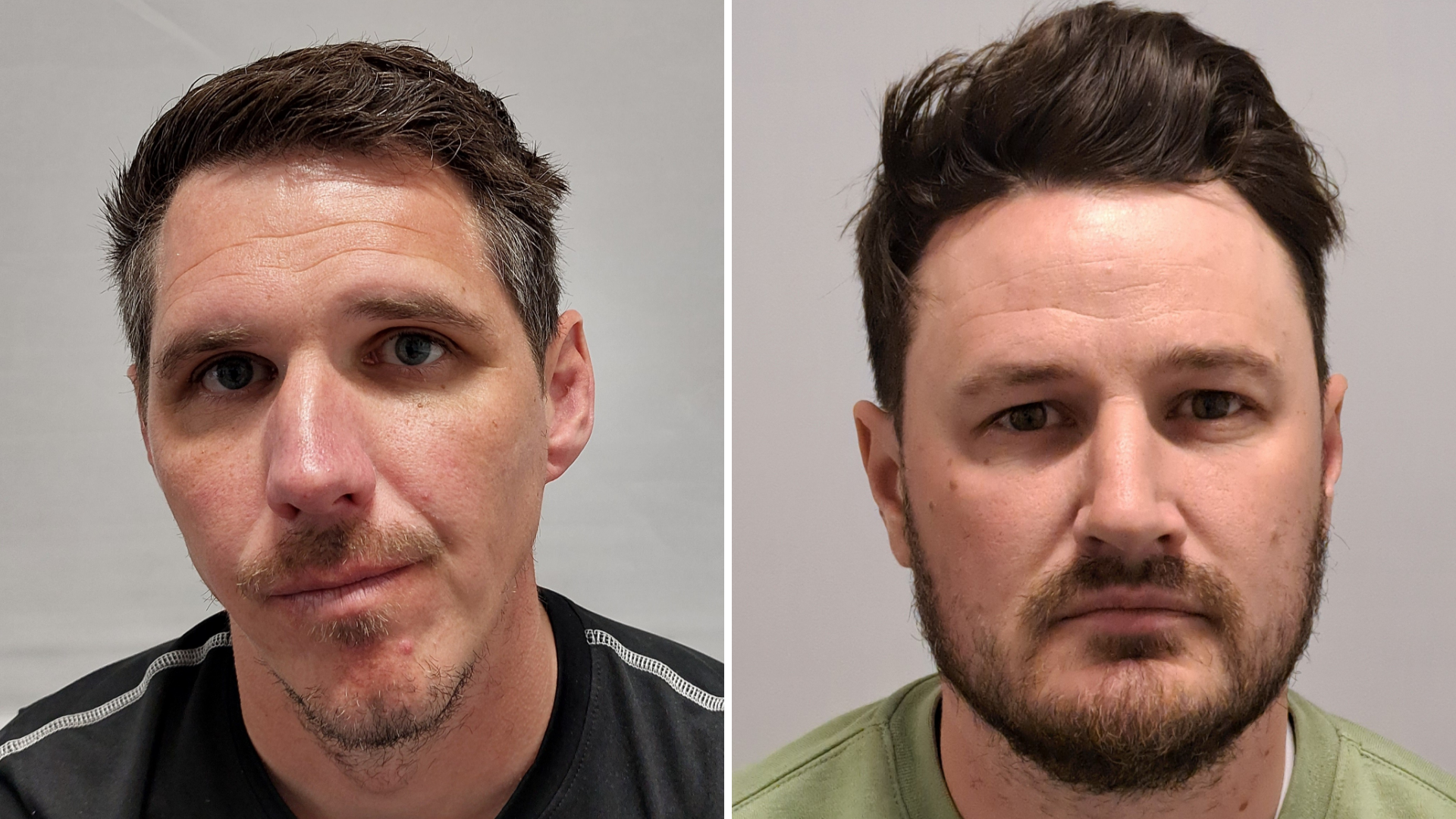 Paul Street is on the left and has short brown hair. He is wearing a black and grey T-shirt and is sitting in front of a grey wall. Josh Williams is on the right and has short brown hair beard and is wearing an olive green jumper. He is also sat in front of a grey wall.