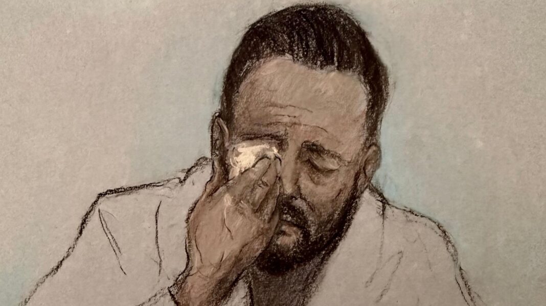 Daniel Thomas pleads not guilty after dinghy slashed Court artist drawing by Elizabeth Cook of Daniel Thomas, also known as Danny Tommo, appearing via video link at Basingstoke Magistrates' Court, Hampshire, charged with criminal damage and failing to disclose the PIN to his phone, after he was filmed slashing a boat in the English Channel with a rescue crew member on board. He appears to be crying and is wiping his right eye with a tissue
