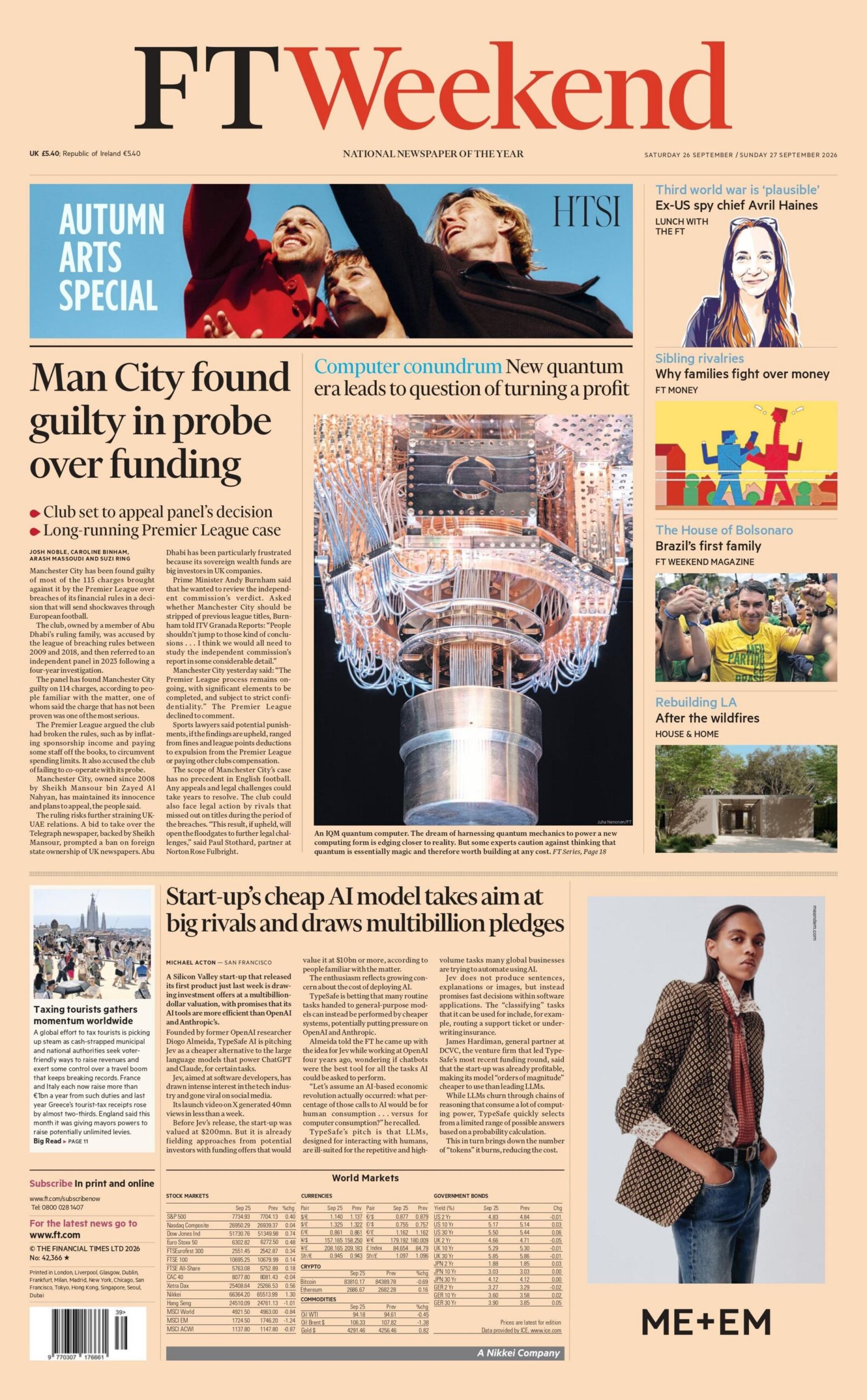 "Man City found guilty in probe over funding," reads the headline on the front page of the FT Weekend.