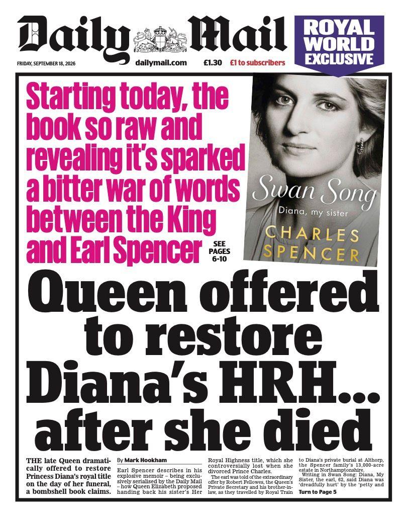 The headline on the front page of the Daily Mail reads: 'Queen offered to restore Diana's HRH... after she died.'