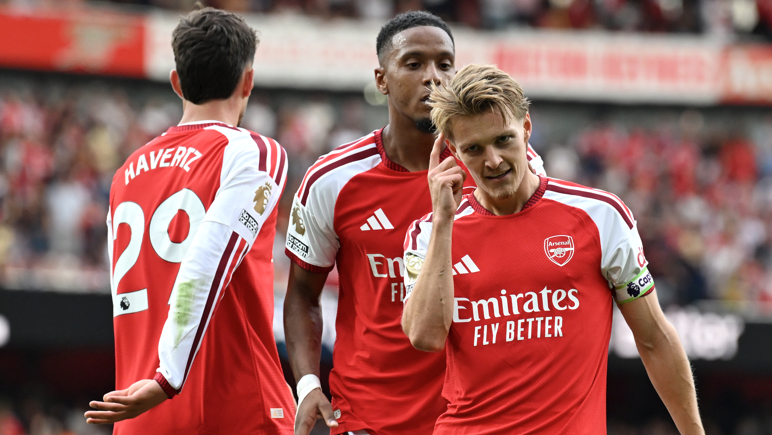 Arsenal captain Martin Odegaard celebrates scoring against Chelsea in the Premier League