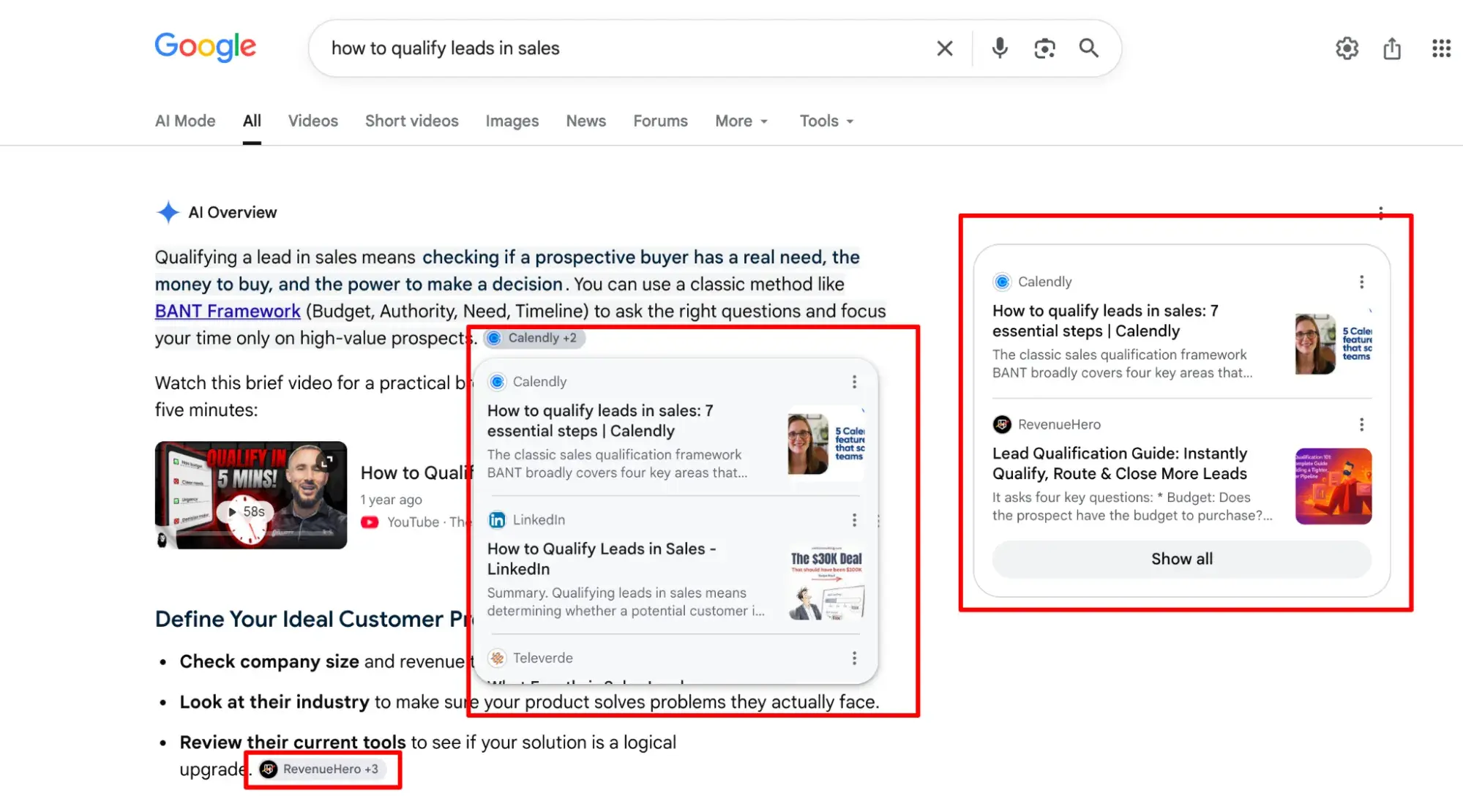 Google AI Overview results for 'how to qualify leads in sales' showing inline citations and related content snippets highlighted