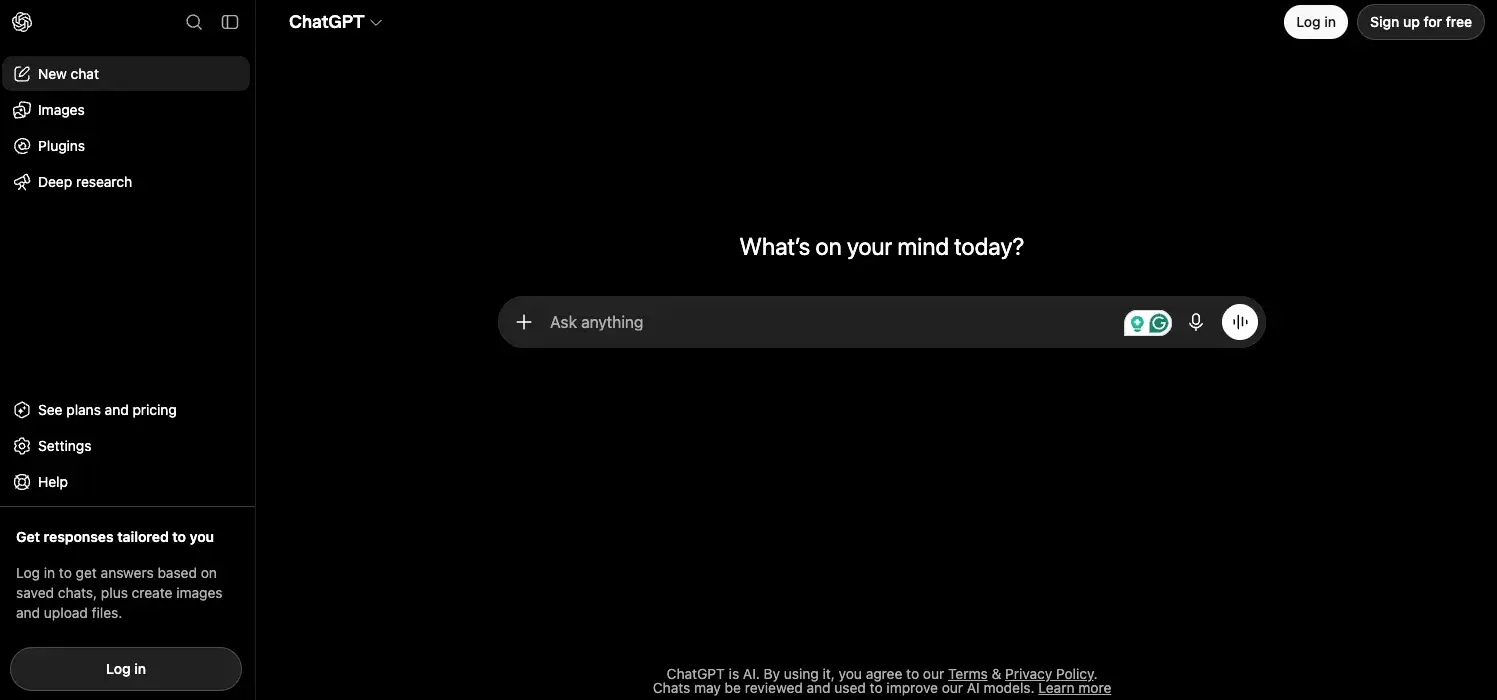 ChatGPT interface showing AI search tool prompt asking 'What's on your mind today?'