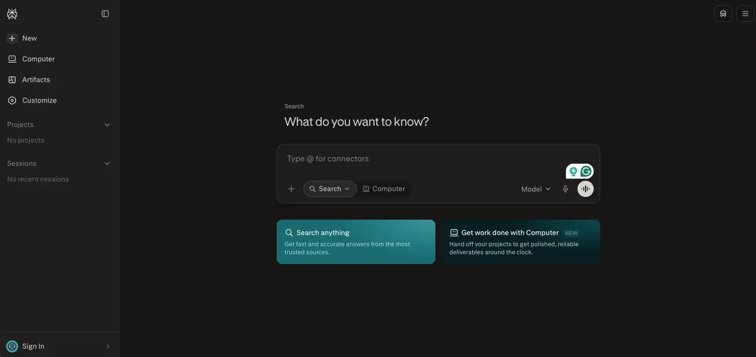 Perplexity AI search tool interface with 'Search anything' feature and Computer option