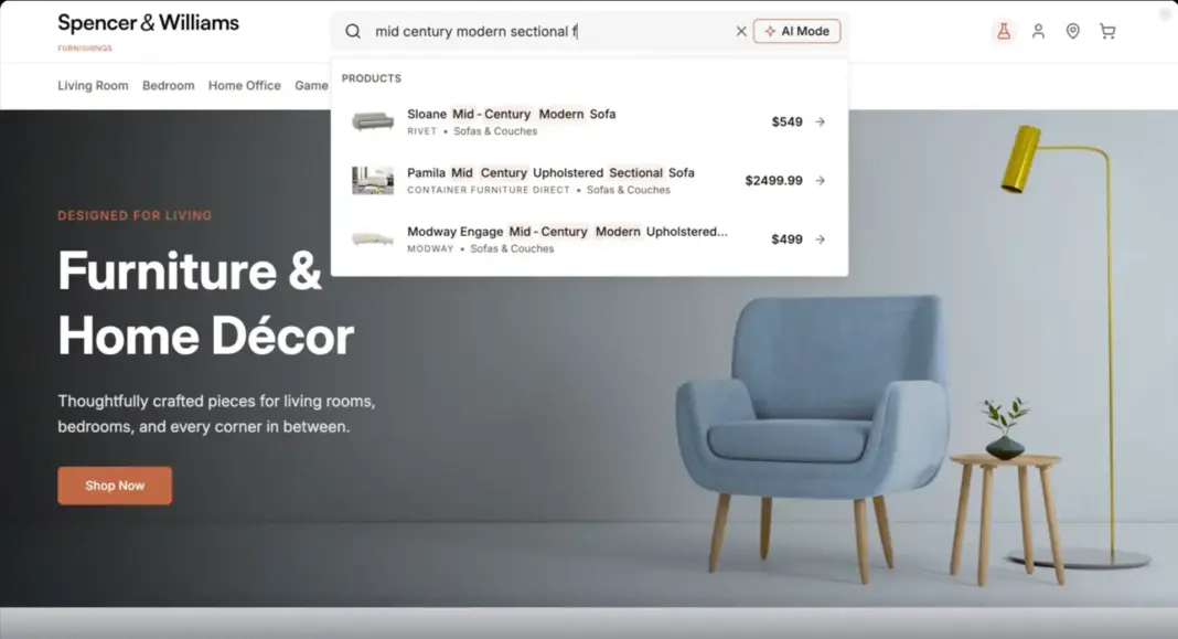 Spencer & Williams furniture website with an AI Mode search bar for mid-century modern sectional
