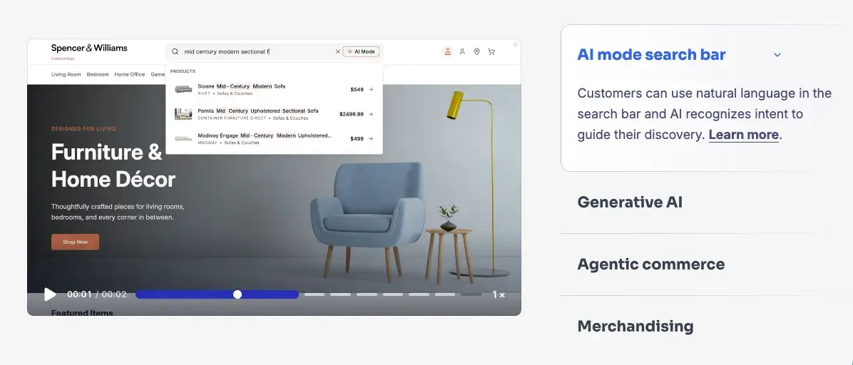 AI mode search bar functionality showing natural language queries in an e-commerce AI search tool