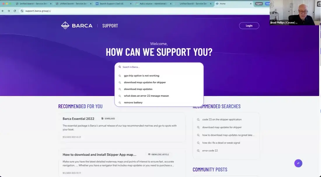 Barca support website with AI search tool dropdown showing suggested queries and searches