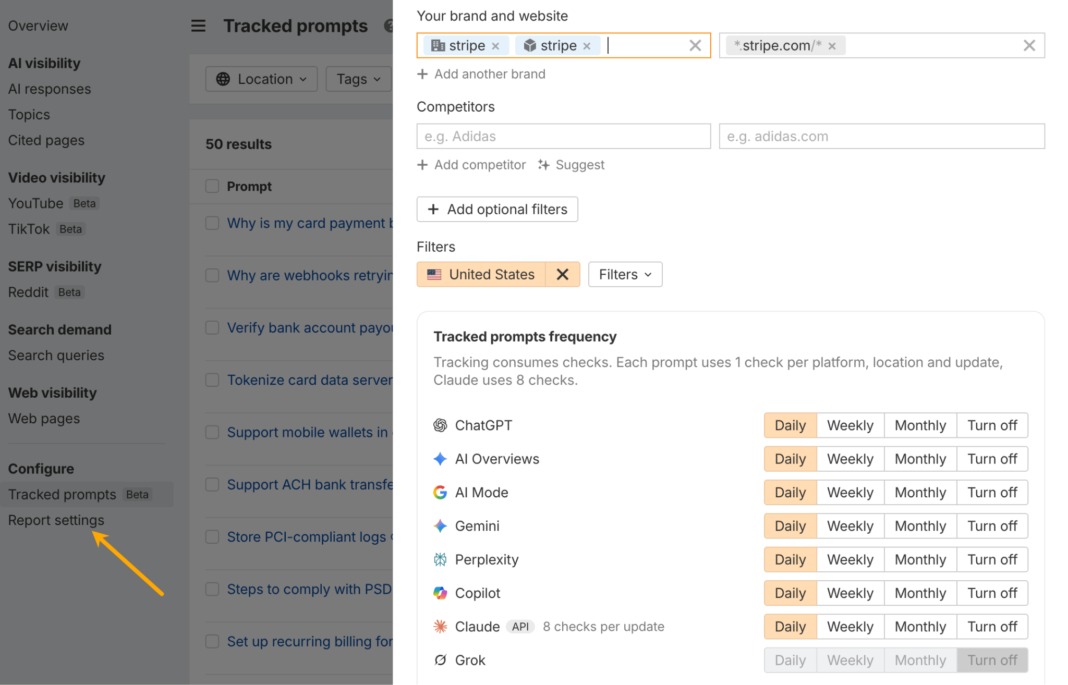 AI Visibility Data Paralysis: How to Get Unstuck Brand Radar report settings showing tracked prompts frequency set to daily for ChatGPT, AI Overviews, Gemini and other AI platforms