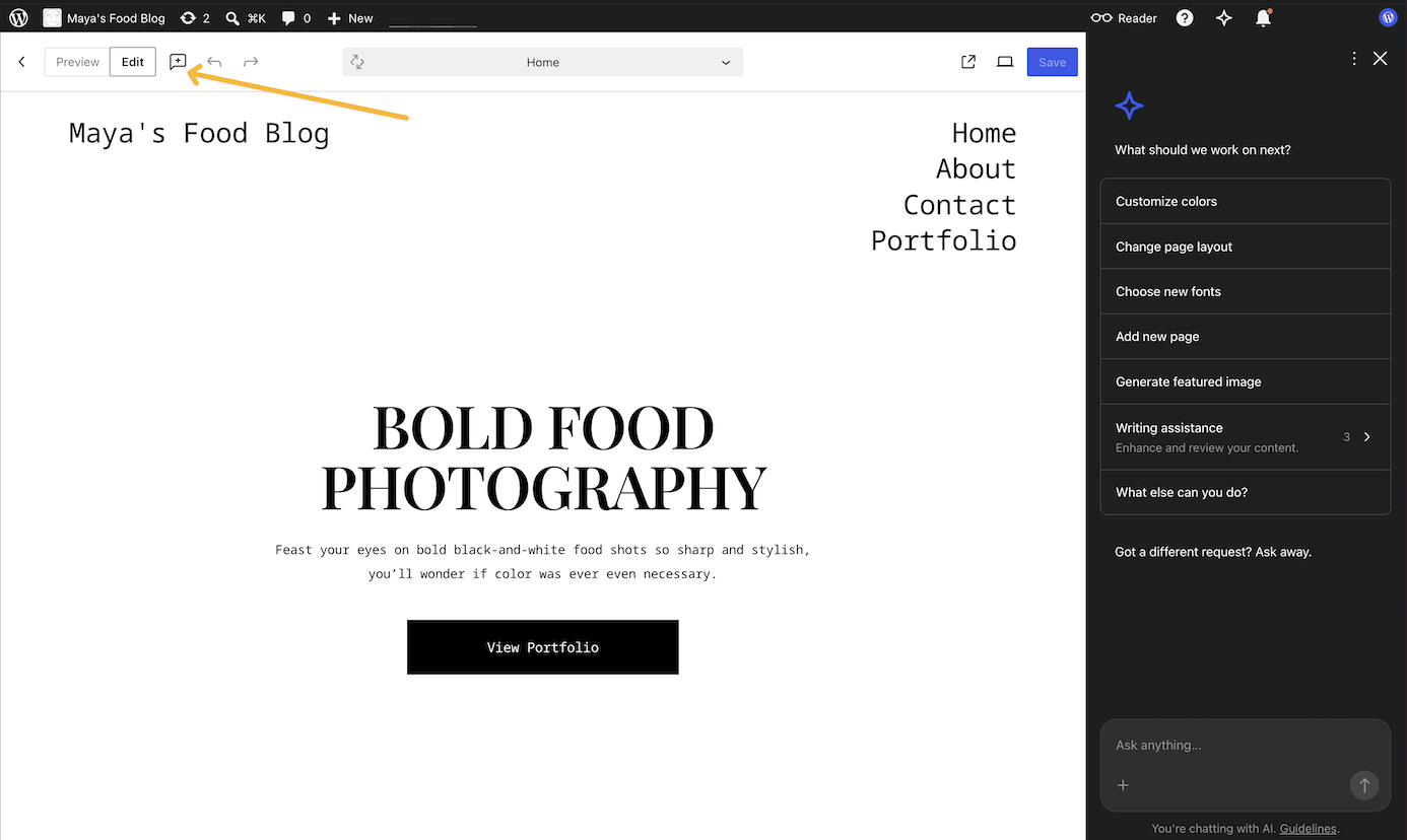 An arrow pointing to the annotate button on WordPress.com