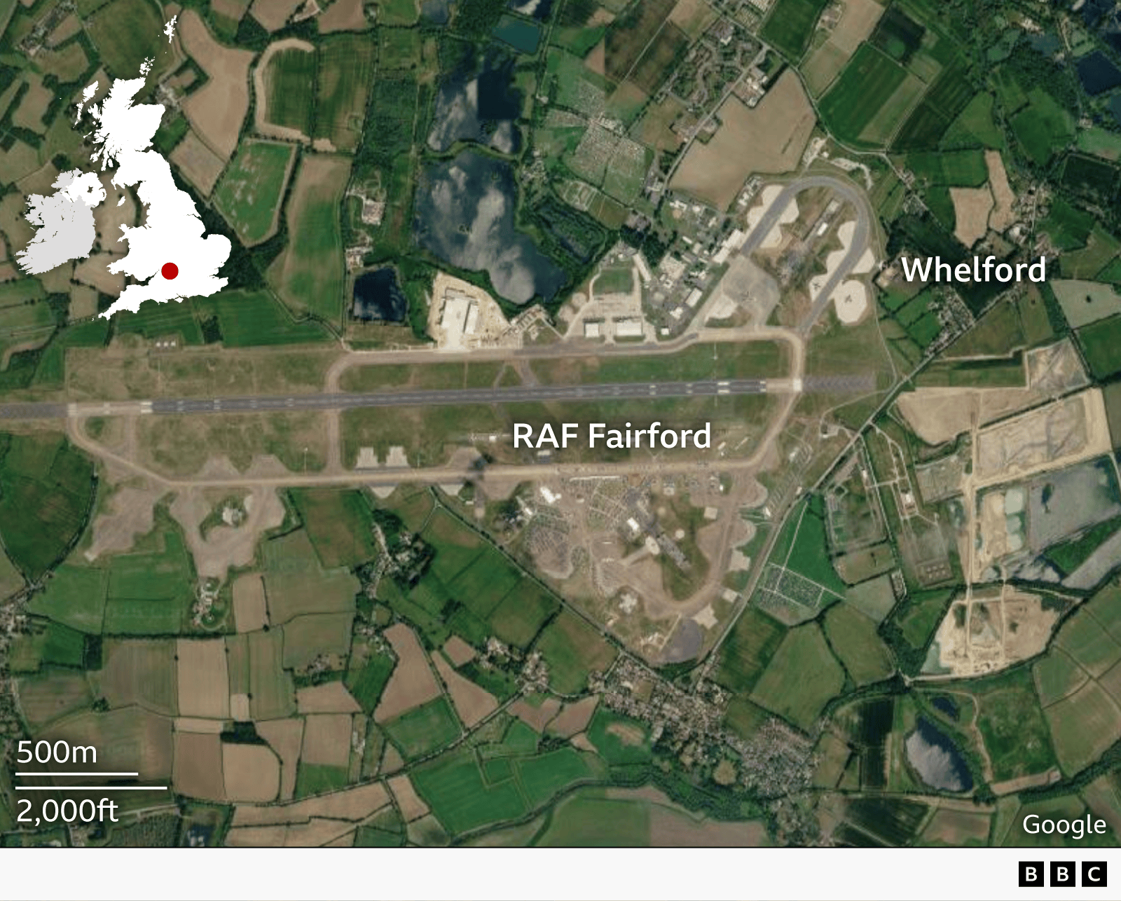 An aerial map of RAF Fairford. Both the air base and the village of Whelford are marked.