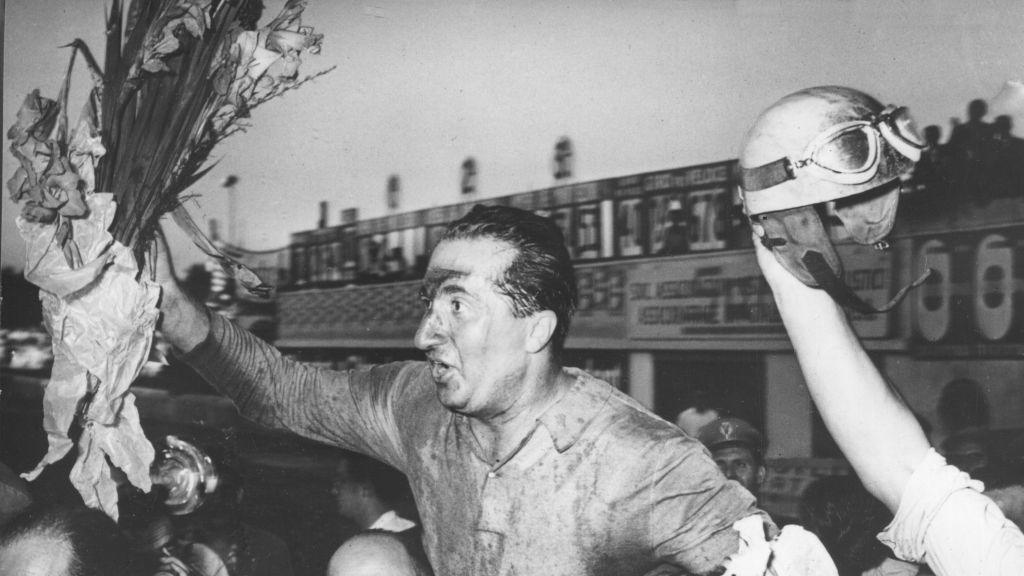 Alberto Ascari celebrates winning the world championship for Ferrari in the 1950s