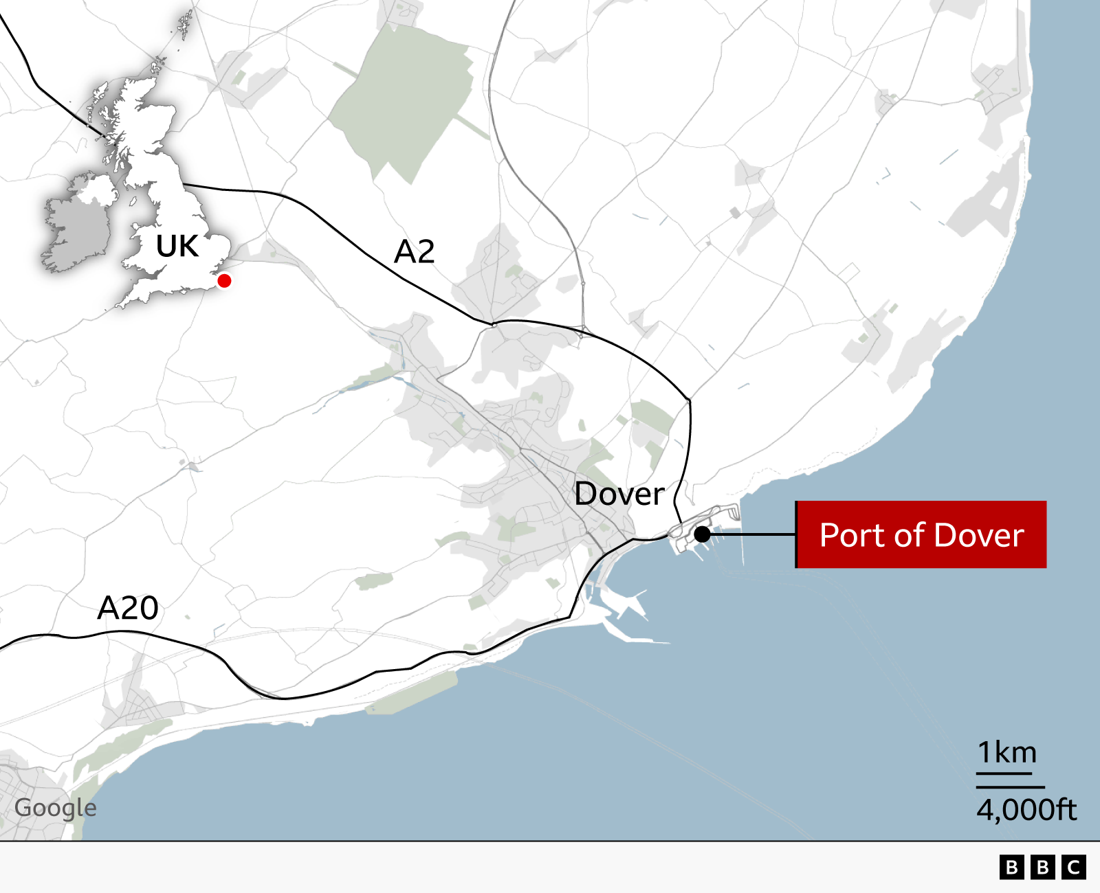 A map of Dover. The A20 and A2 are labelled, as is the Port of Dover.