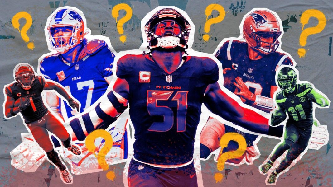 A graphic of NFL players Ja'Marr Chase, Josh Allen, Will Anderson, Drake Maye and Jaxon Smith-Njigba