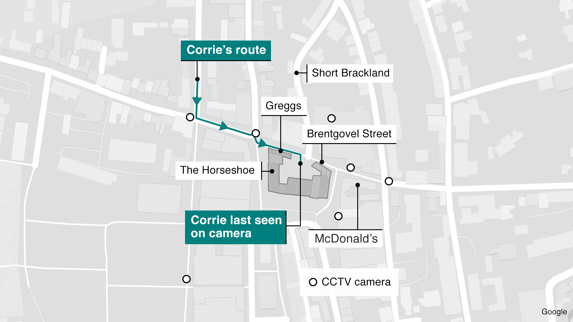 A white and grey map with a green arrow showing Corrie's last movements.