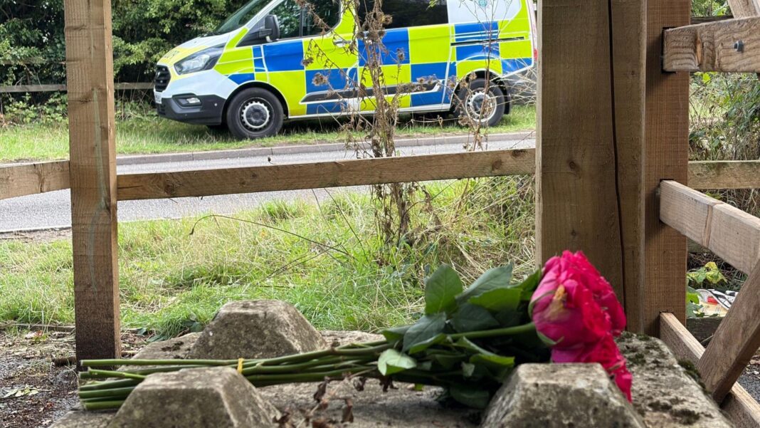 A bunch of roses are laid on their side by a wooden gate. In the distance is a police van parked on the grass verge next to a road.