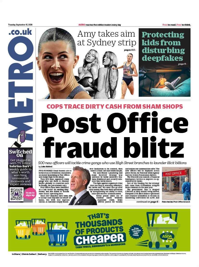 The headline on the front page of the Metro reads: 'Post Office fraud blitz.'